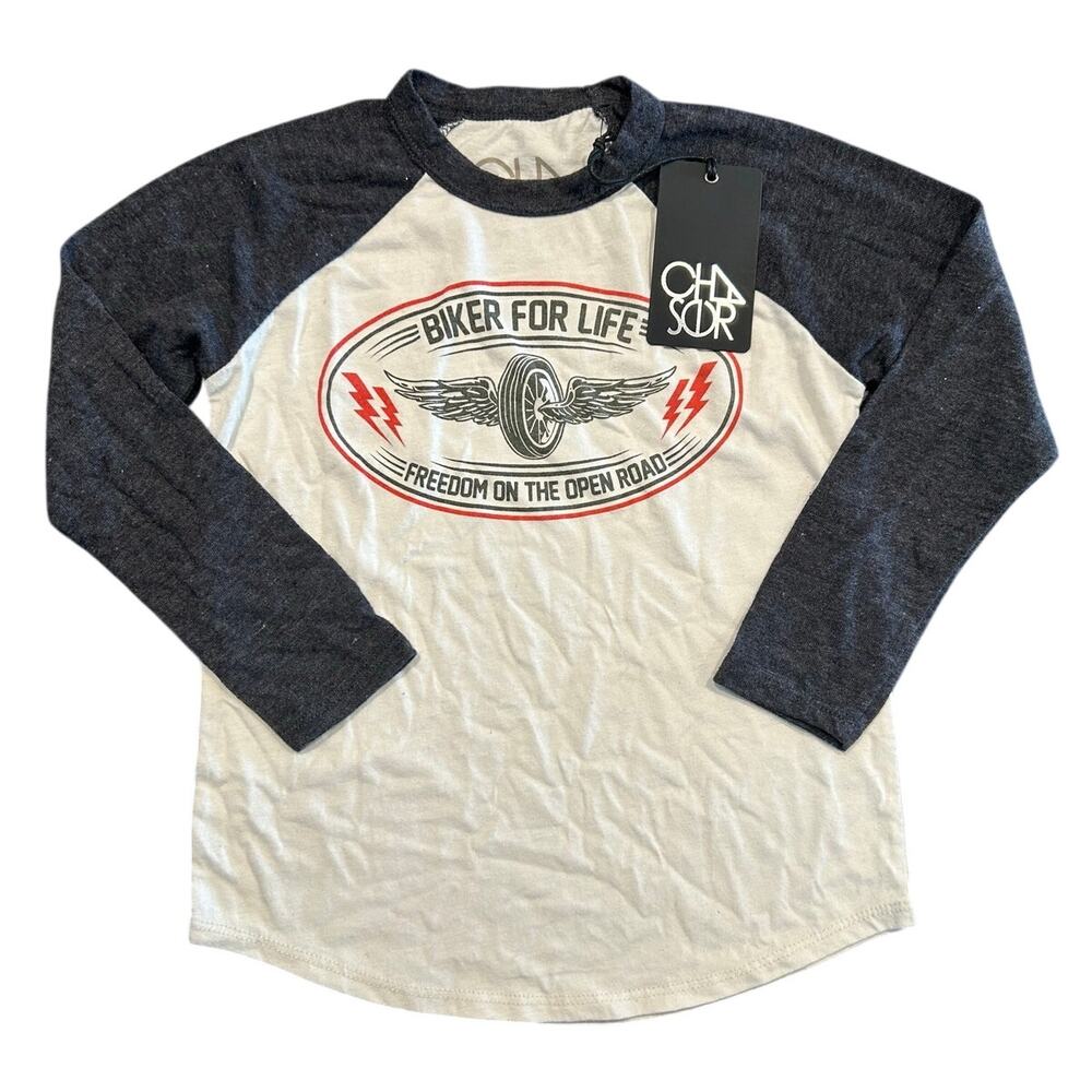 NWT Chaser "Biker for Life" Long Sleeve Baseball Tee, White/Blue, Boys Size 6